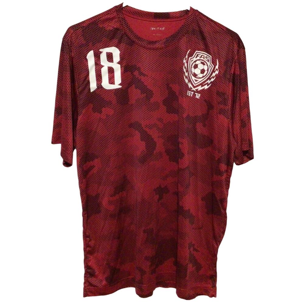 Sport-Tek FAS Soccer Futbol Jersey #18 Red Black Men’s Size Large Athletic